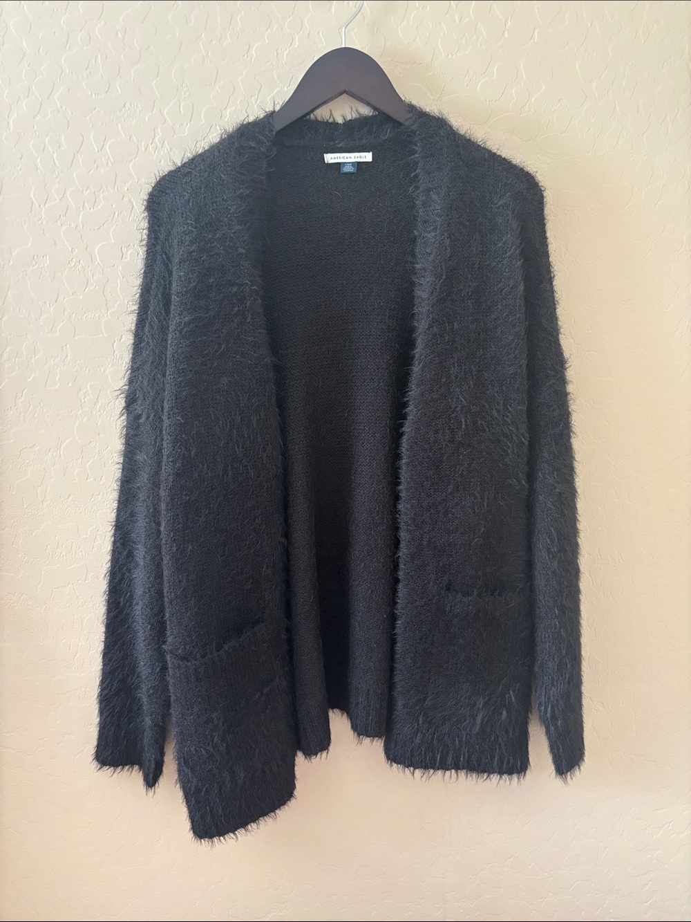 AE Woah So Cozy Black Fuzzy Open-Front Women’s Sweater Cardigan